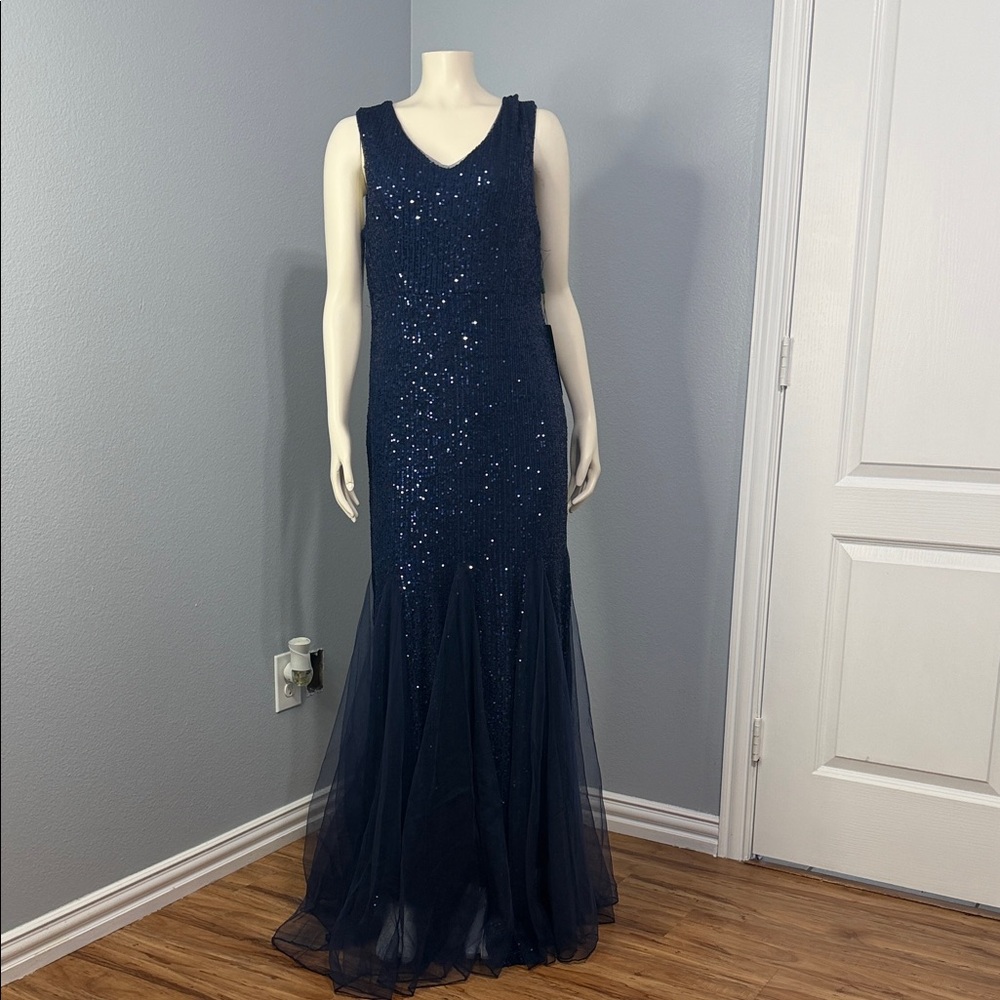 Elegant Navy Blue Sequin Evening Gown